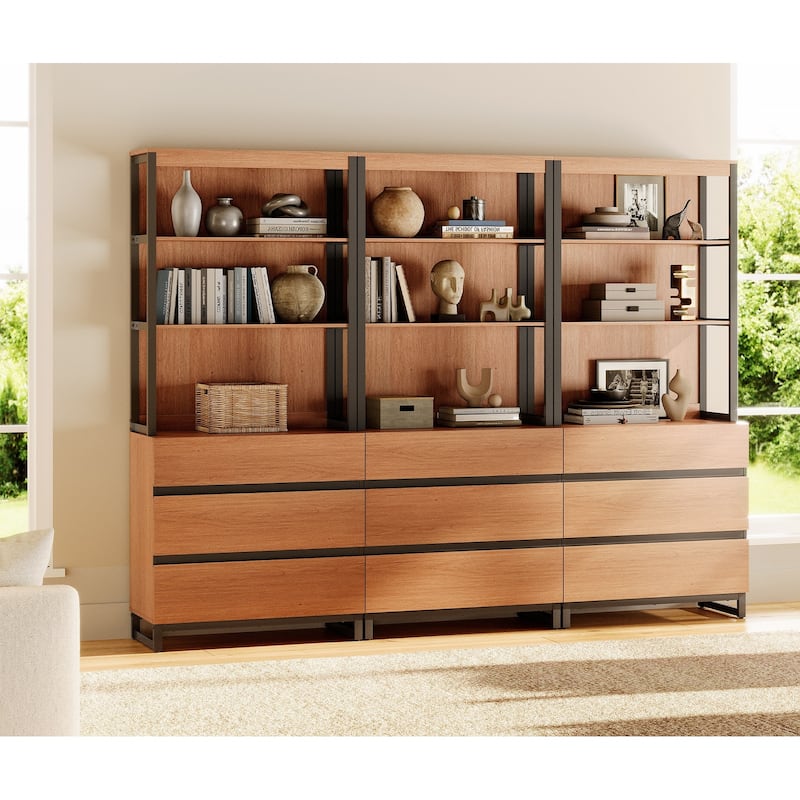 WAMPAT Modern 72" Tall Bookcase with Drawers and Open Book Shelfs, Library Book Shelf for Home Office, Living Room