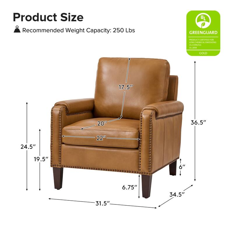 Kunz Transitional Genuine Leather Armchair with Removable Cushion and Nailhead Trims by HULALA HOME
