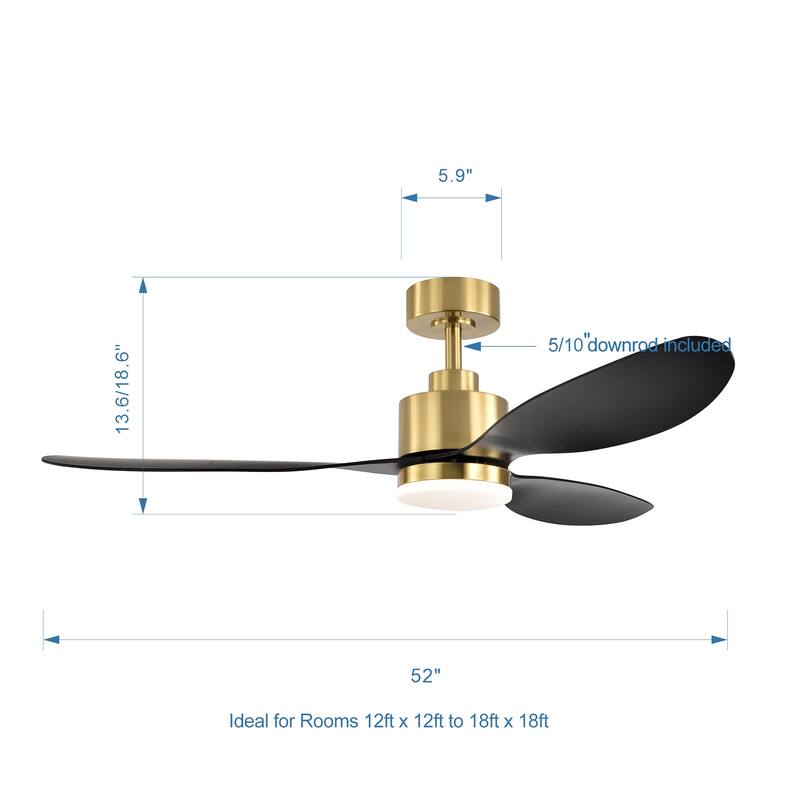 52 Inch Gold LED Ceiling Fan with Lights Remote(3-Blade)