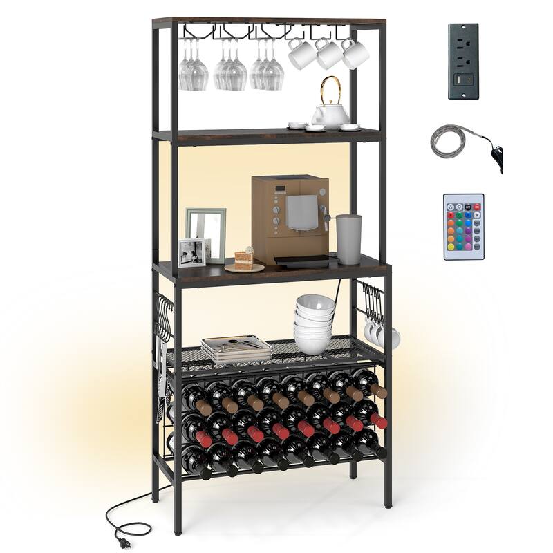 Gymax 3-Tier Wine Rack Coffee Bar Station w/Power Outlets Hooks Glass - Brown