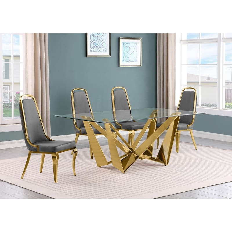 Best Quality Furniture D400/1-SC310-7 Dining Set with 78" 12mm Glass with Bevel - 5-Piece - Dark Grey / Gold