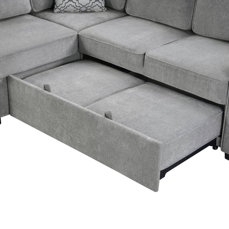 Convertible Sectional Sofa Bed with Flip-Top Table, USB Ports & Cup Holder, Chenille L-Shaped Sofa with Dual Pull-Out Sleepers