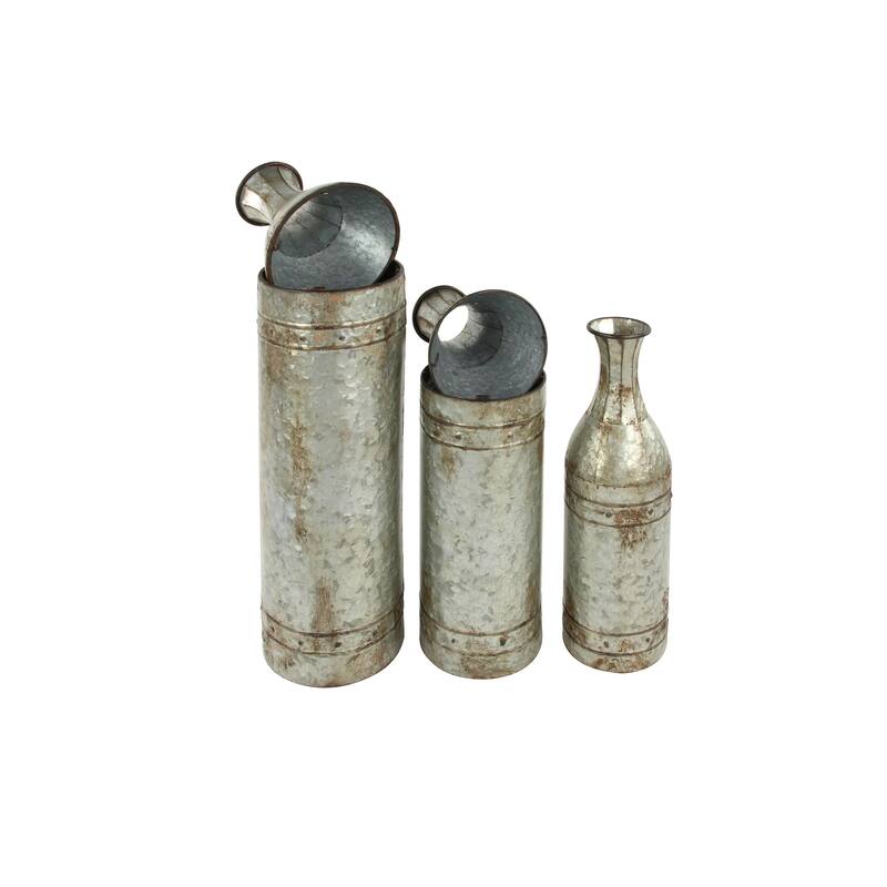 Gray Metal Handmade Tall Galvanized Floor Decorative Vase with Studs (Set of 3)