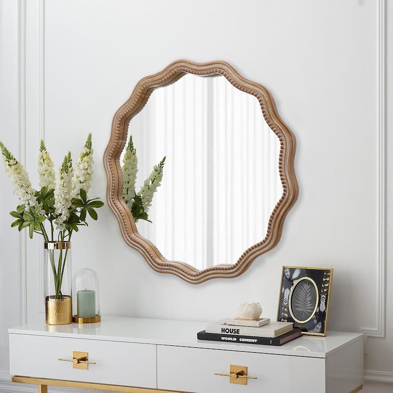 23.62" Wood Round Wavy Hanging Wall Mirror