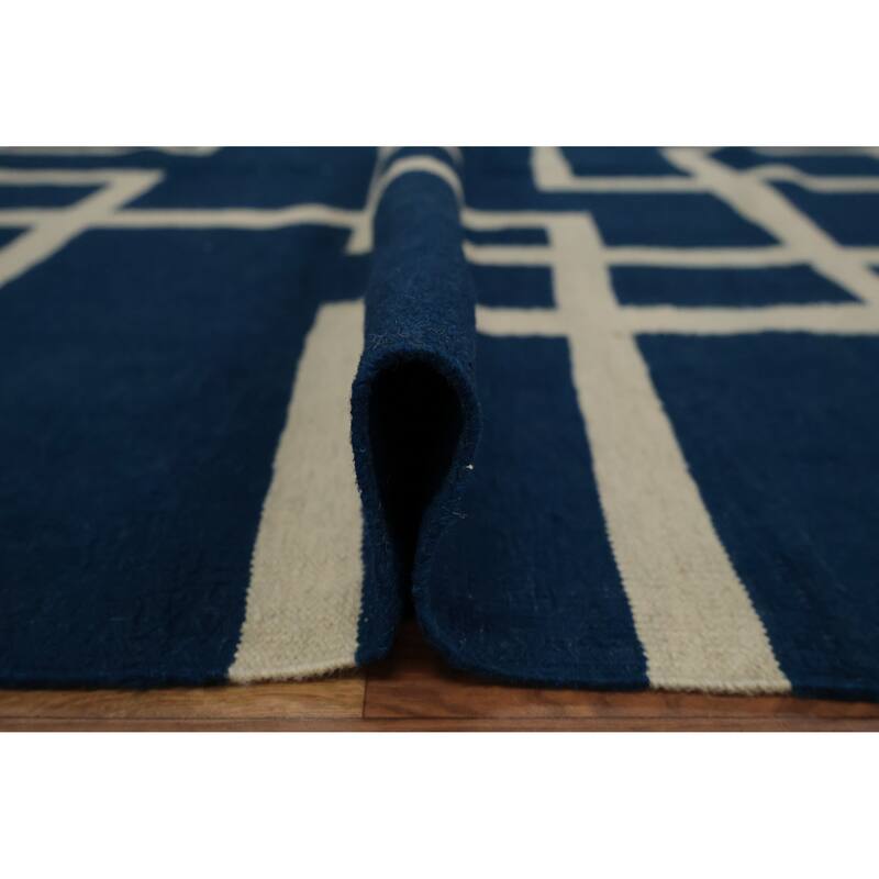Hand Woven Oriental 100% Wool Carpet Southwestern Modern Navy Blue & Blues Kilim Area Rug - 12' 0'' X 8' 8''