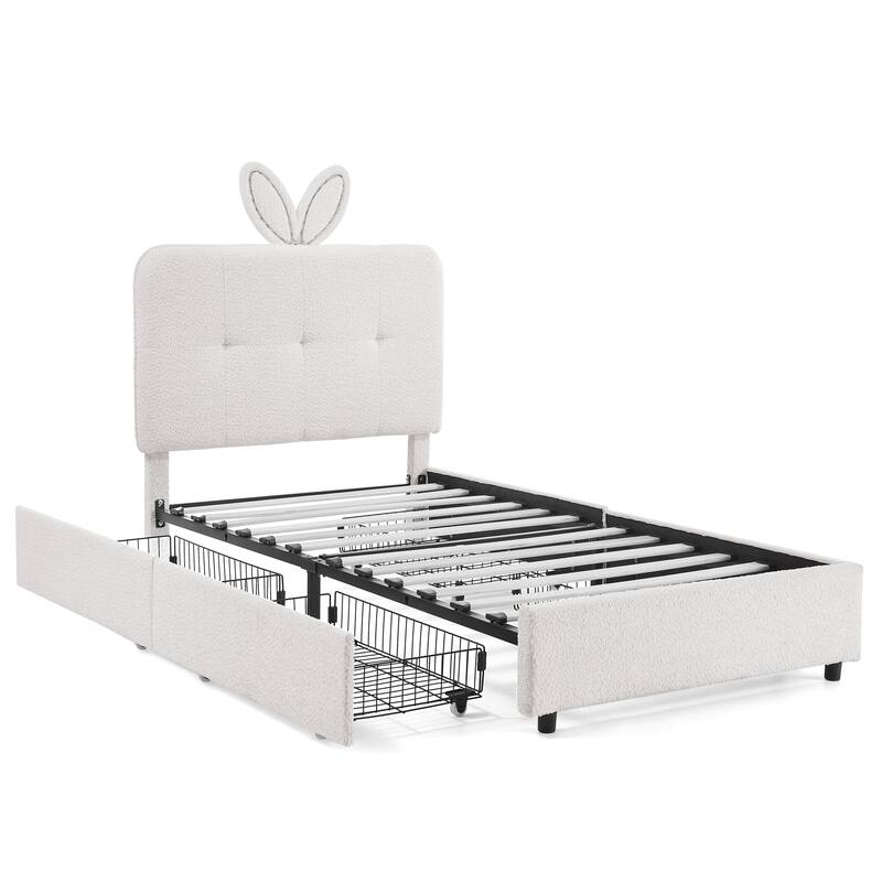 Kids Boucle Upholstered Bed with Rabbit Ear Headboard, LED Music Sync & 4 Drawers