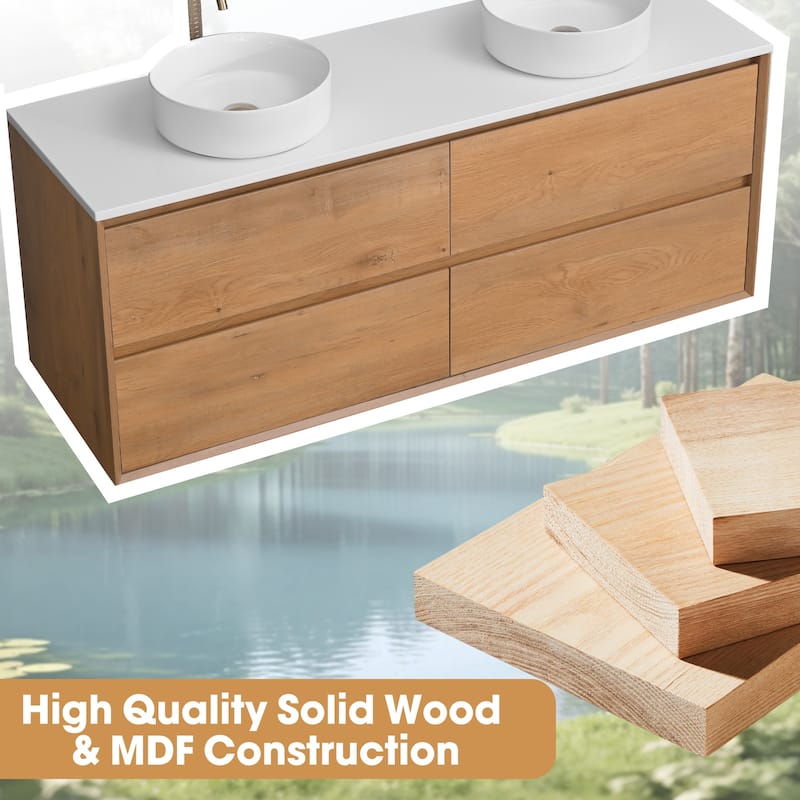 60" Floating Bathroom Vanity Quartz Counter Top with Double Ceramic Vessel Sink
