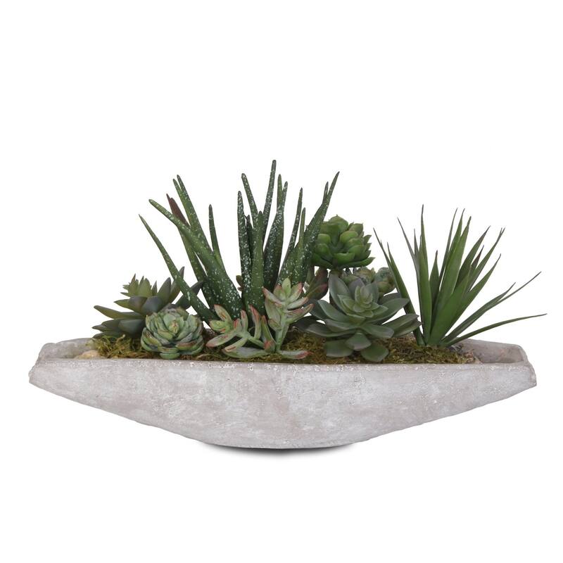 Artificial Succulents Arrangement in Boat Shape Stone Wash Cement Pot - 16W x 6.5D x 6.5H