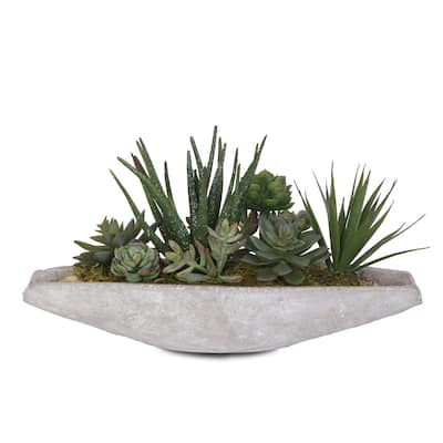 Artificial Succulents Arrangement in Boat Shape Stone Wash Cement Pot - 16W x 6.5D x 6.5H