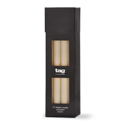 Color Studio 12" Straight Taper Unscented Smokeless Paraffin Wax Candle Ivory, Burn Time 12 hrs. Set 12 - Beige