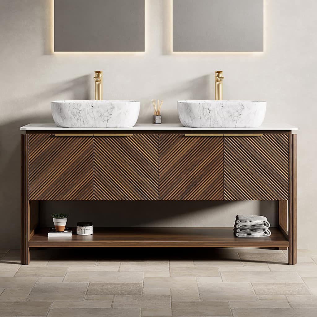 Freestanding Bathroom Vanity in Dark Walnut with Vessel Ceramic Basin