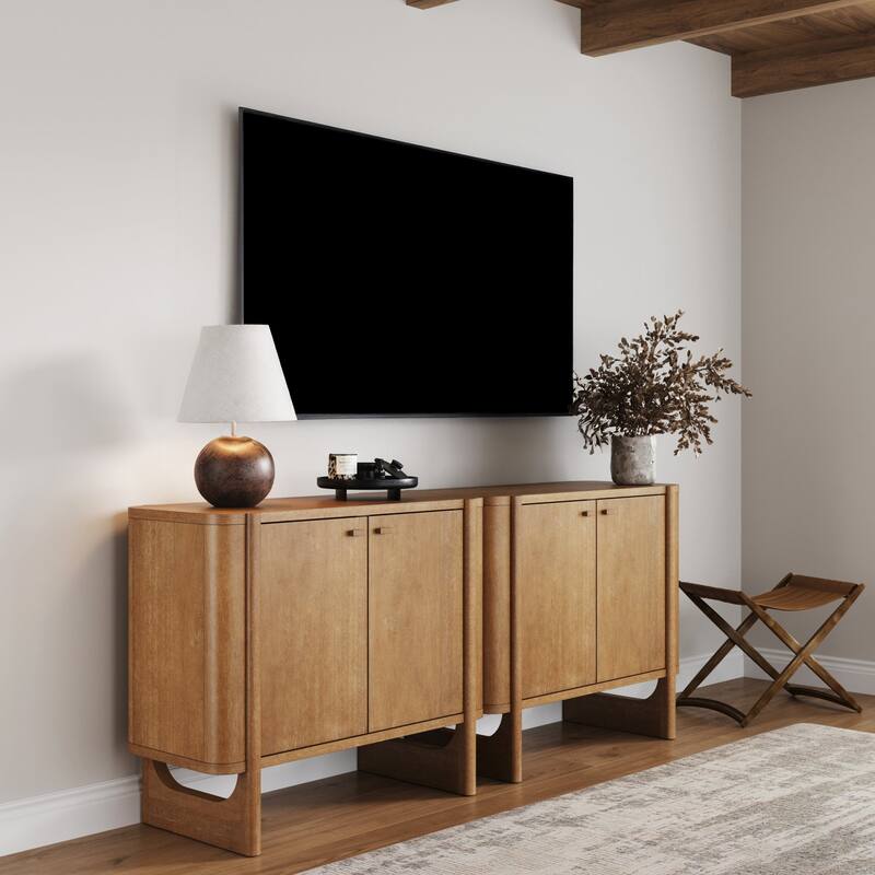 Solace Mid Century Modern Cabinet, Storage Accent Cabinet or TV Stand with Doors, Solid Wood Legs and Adjustable Shelf - Set of 2 - Light Brown