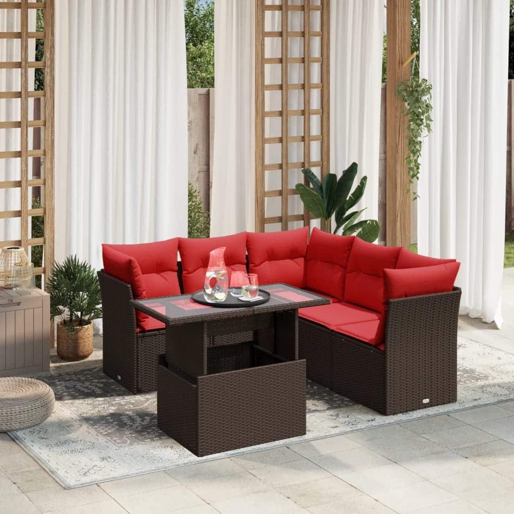 vidaXL 6 Piece Patio Sofa Set with Cushions Brown/Gray Poly Rattan - 24.4 x 24.4 x 27.2