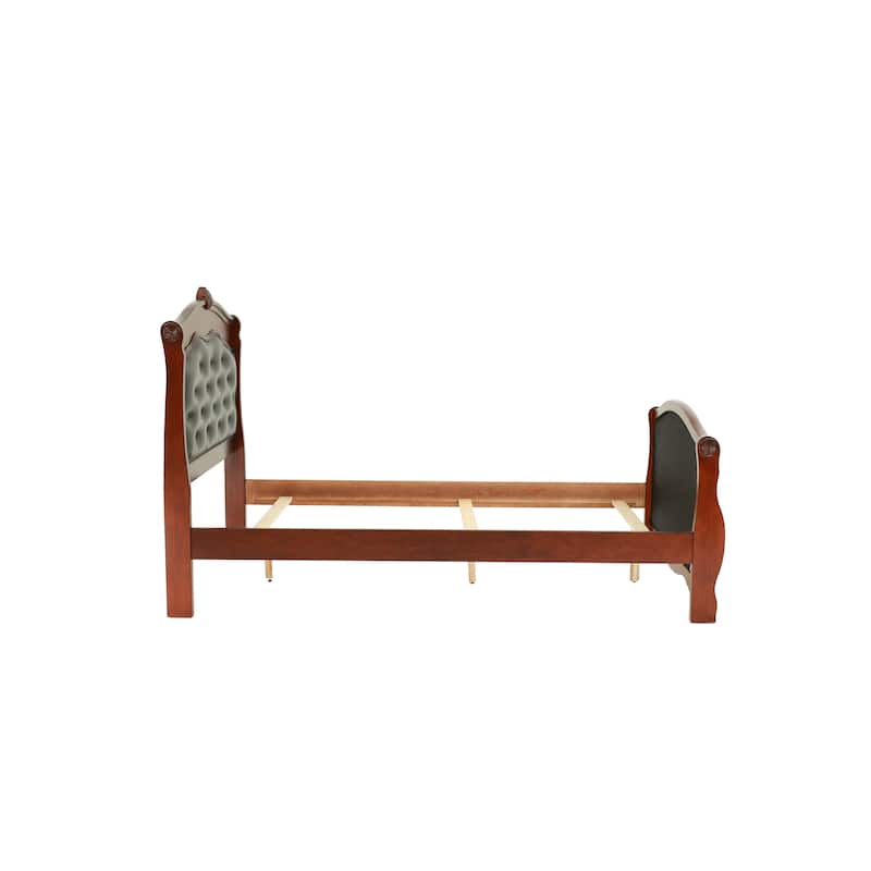 Dark Cherry Twin Size Bed Youth Bedroom Furniture Espresso Faux Leather Headboard Footboard Plywood 1pc Bedframe