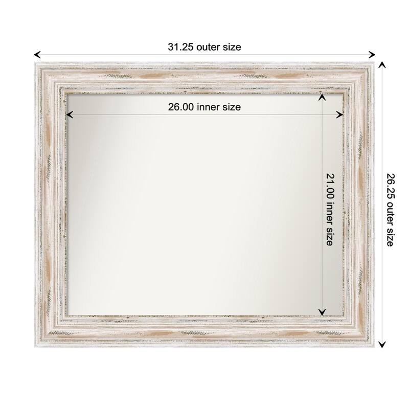 Alexandria White Wash Framed Non-Beveled Custom Wall Mirror, Bathroom Vanity Mirror - Outer Size: 31.25 x 26.25