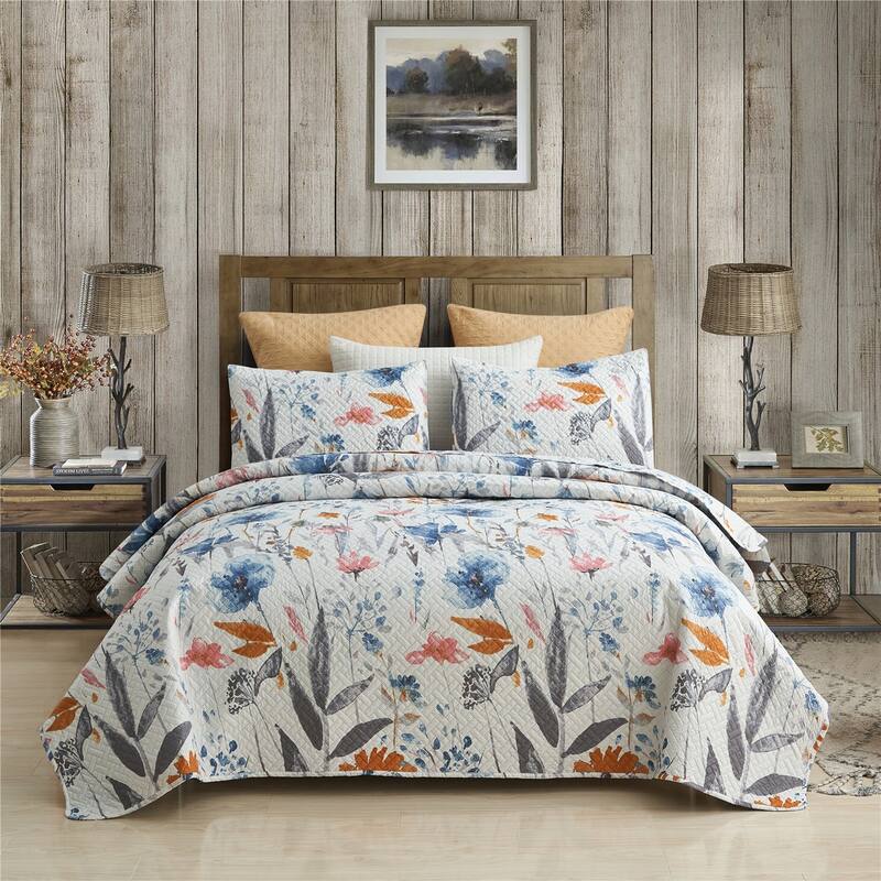 Pink Plaid Patchwork Quilt Set Bedspread - King - Watercolor Plants