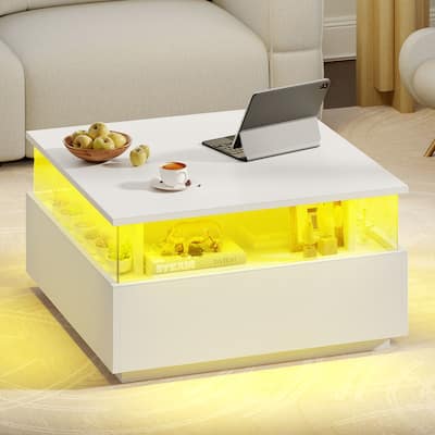 Moasis LED Square Coffee Table with Acrylic Drawers, Wood Center Table for Living Room
