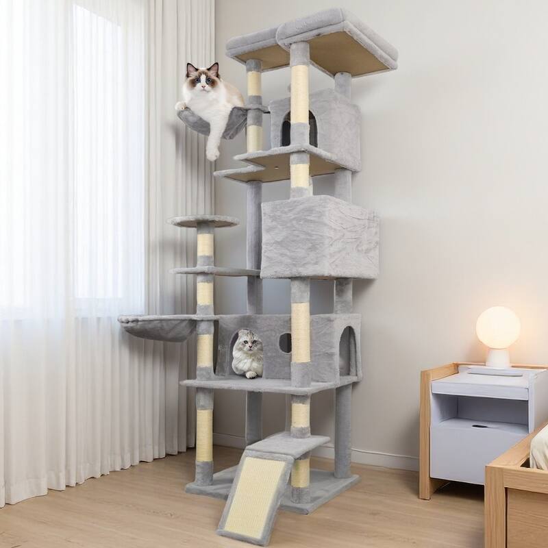 84.6 in Cat Tree Tower with Wide Base, 3 Large Hinding Condo, 11 Sisal Scratching Post, Sisal Scratching Ladder, 2 Hammocks