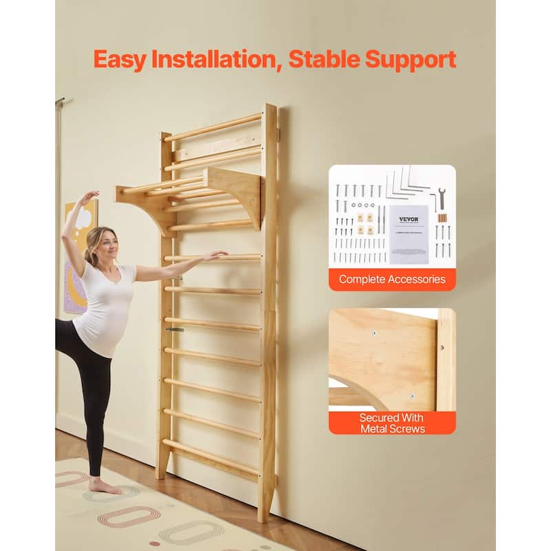 Beige Pine Wood Swedish Wall Ladder Indoor Playground Gym for Kids and Adults with 10 Level Climbing Bars 220 lbs Capacity