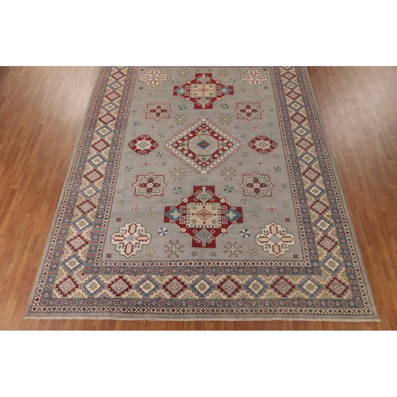 Gray Geometric Kazak Oriental Area Rug Handmade Wool Carpet - 9'11"x 13'3"
