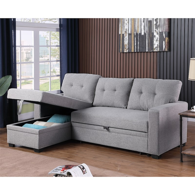 Upholstered Pull Out Sectional Sofa with Chaise and Removable Cushions