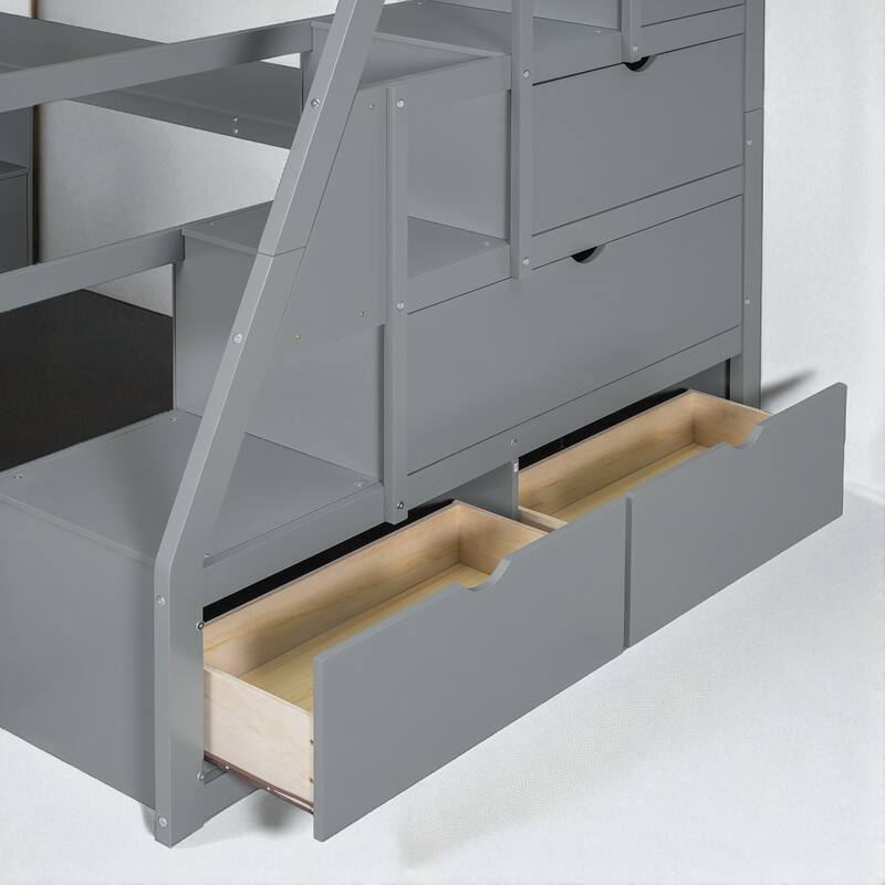 Twin/Full Loft Bed with 7 Drawers, 2 Shelves, and Built-in Desk for Bedroom Organization