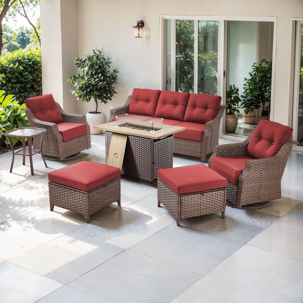 Artisan Brown Wicker Patio Fire Pit Conversation Set with 3-Seat Sofa & Swivel Gliders