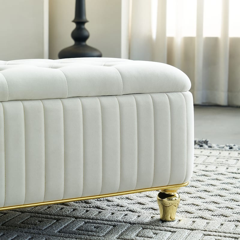 Upholstered Velvet Fabric Storage Ottoman with Safety Hinge
