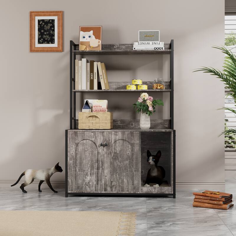 GDF Studio - Large Cat Litter Box Enclosure with Shelf Storage and Scratch Pad - Grey