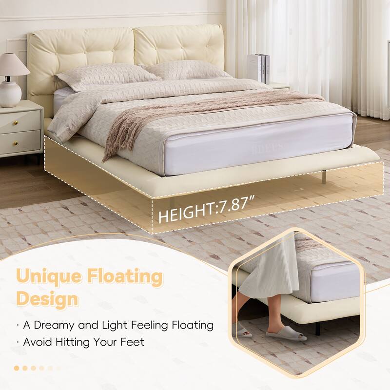 Christopher Knight Home- Lorcan PU Leather Floating Bed Frame with LED Lights and Button-Tufted Headboard