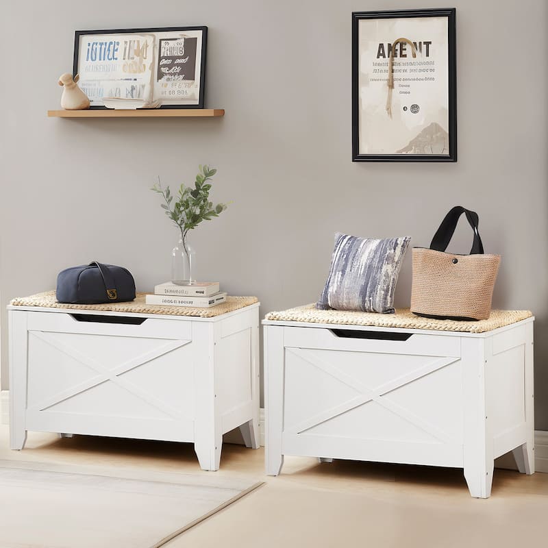 VECELO Storage Bench, Wooden Chest for Storage with Wicker Mat Safety Hinges Entryway Shoe Bench Storage Trunk(Set of 2)