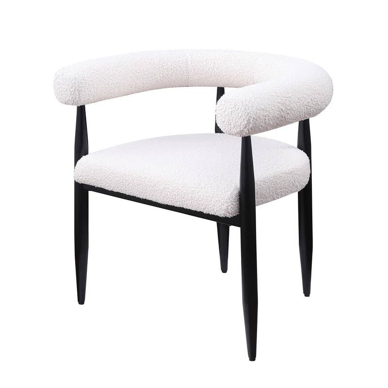 Noris Dining Chair Set of 2, White Fabric C-Shaped Back, Black Metal