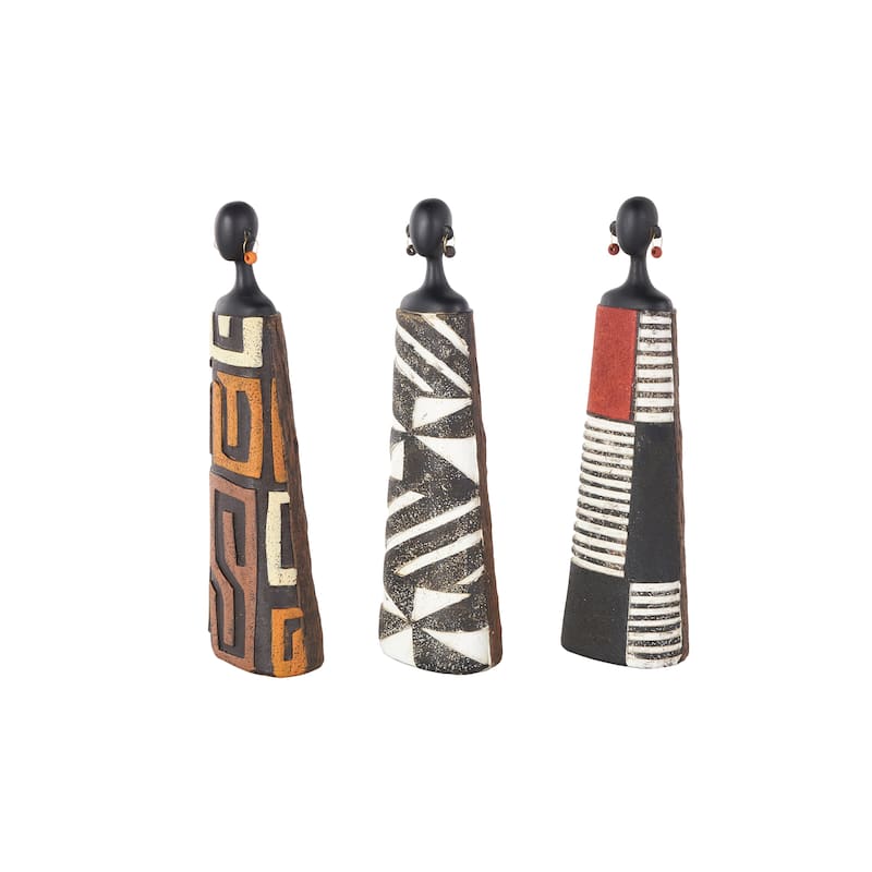 Resin Woman African Sculpture with Red, Orange, and White Dresswear - Set of 3 Black - Roche River Decor