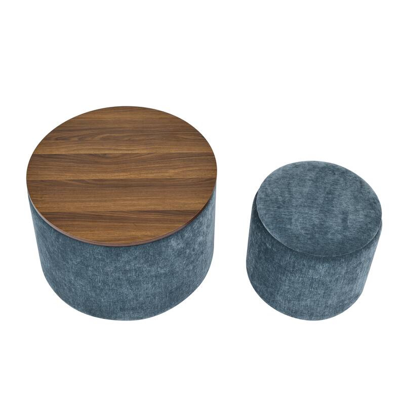 Roomfitters 2-Piece Round Chenille Storage Ottoman Set with Drum-Shaped Stool and MDF Top, Hidden Compartment