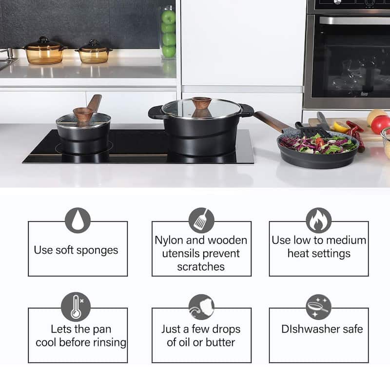 Kitchen Academy 12-Piece Nonstick Granite Stone Cookware Pots and Pans Set with 4 PC Silicone Hot Handle Holder, Induction Set