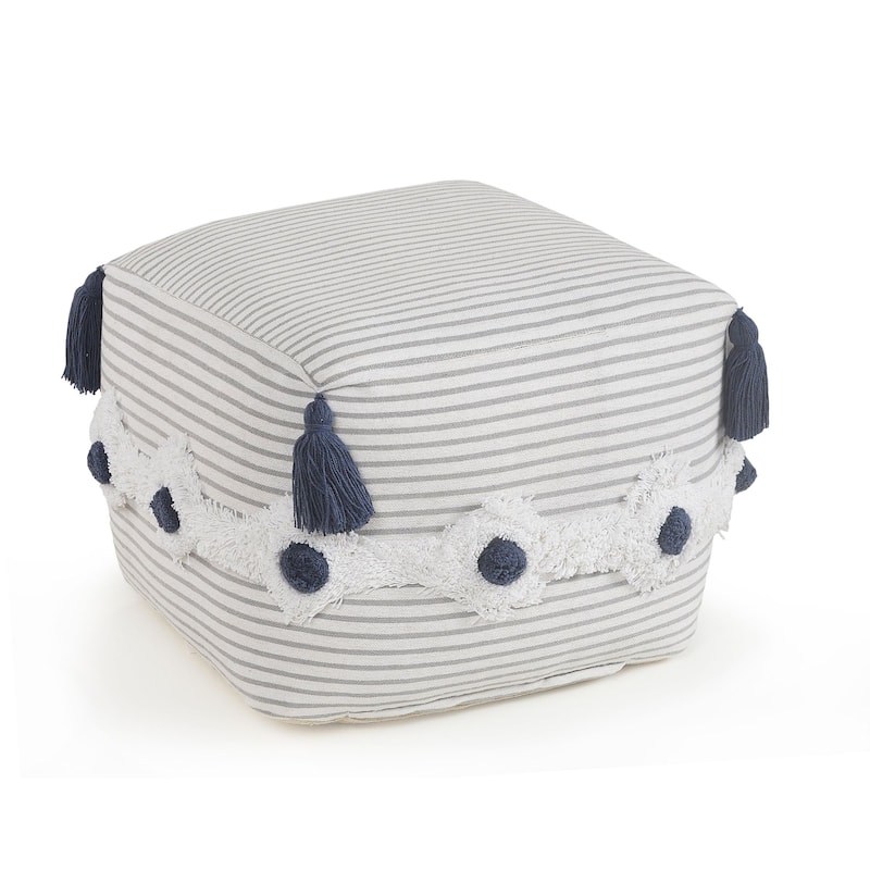 18" White and Gray Striped Square Pouf Ottoman