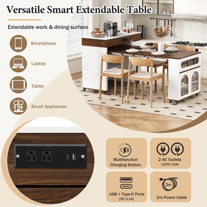 Extendable Dining Table & Rolling Kitchen Island Combo with Folding Top, Drawers & Power Outlet