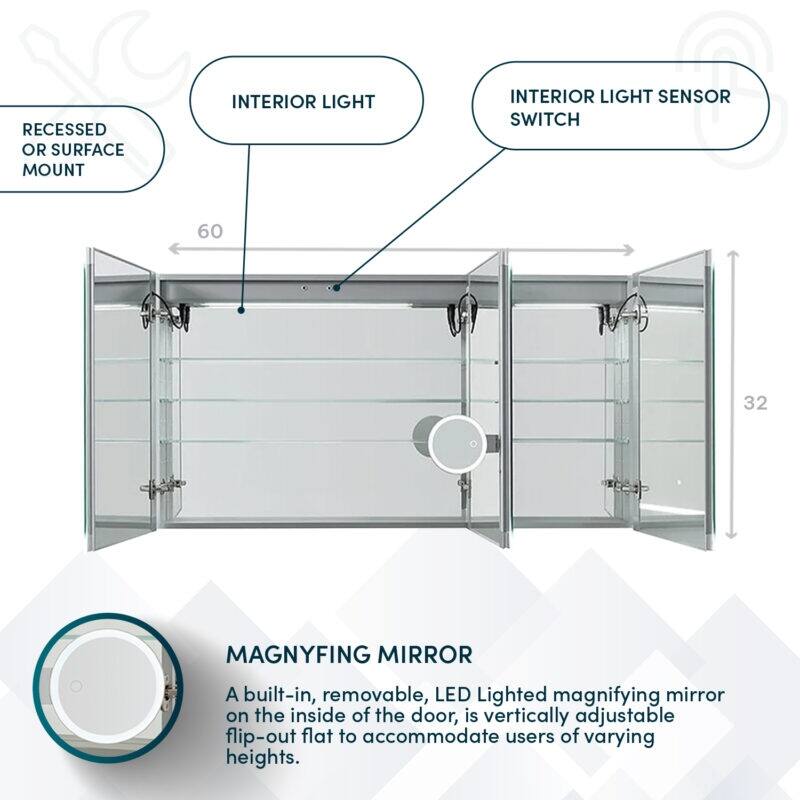 AQUADOM Edge Royale Bathroom Led Lighted Medicine Cabinet Defogger, 3X LED Adjustable Magnifying Mirror, Electrical Outlets.