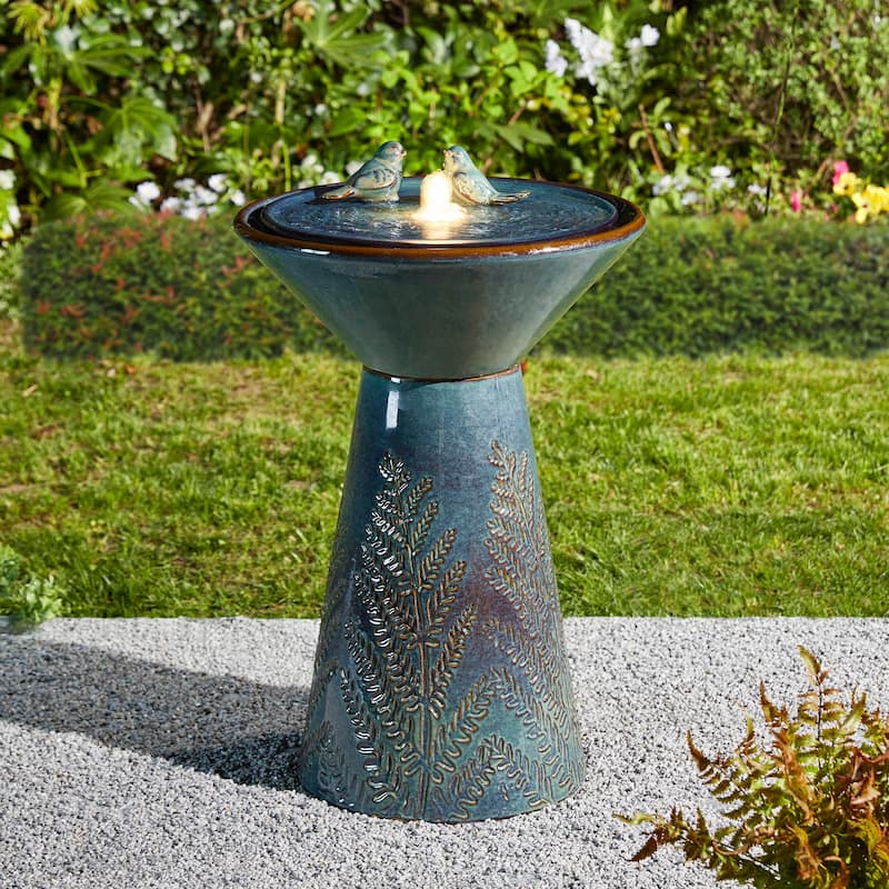 Glitzhome 27.5"H Two Birds Embossed Ceramic LED Birdbath Patio Outdoor Fountain - Green - 27.5"H