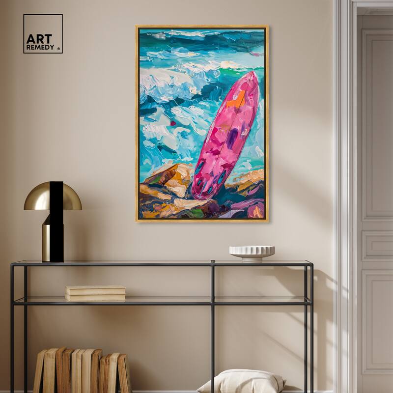 Art Remedy Just A Little Break Wave Framed Colorful Coastal 1 Piece Canvas Wall Art