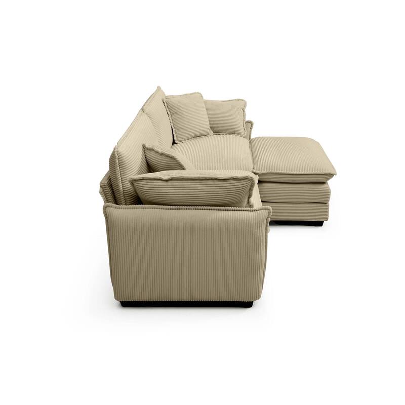 Tan 3-piece Corduroy Upholstered L-Shaped Modular Sectional Sofa with Removable Ottoman, 4 Pillows, and Free Combination