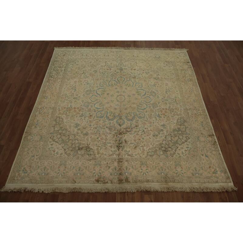 Hand Knotted Oriental Silk Carpet Traditional Floral Beige & Ivories Kashmir Area Rug - 7' 4'' X 6' 11''