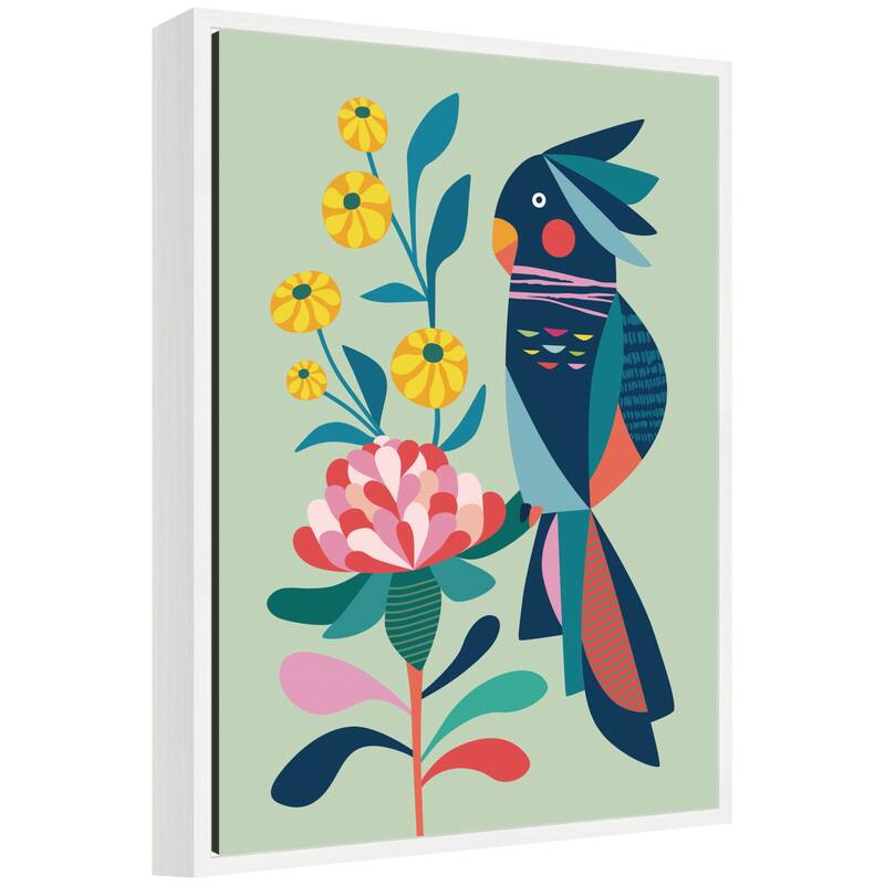 Kate and Laurel Sylvie Floral Cockatoo Framed Canvas by Rachel Lee - 18x24