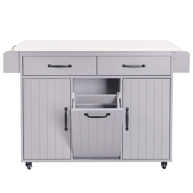 Rolling Kitchen Island with Trash Can Storage Cabinet, Kitchen Cart with Drop Leaf, Spice Rack, Towel Rack and Drawer