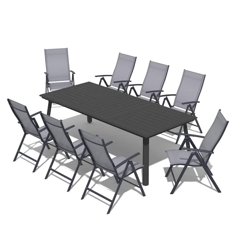 9-Piece Outdoor Dining Set Aluminum Dining Table with Umbrella Hole and Adjustable Folding Chairs