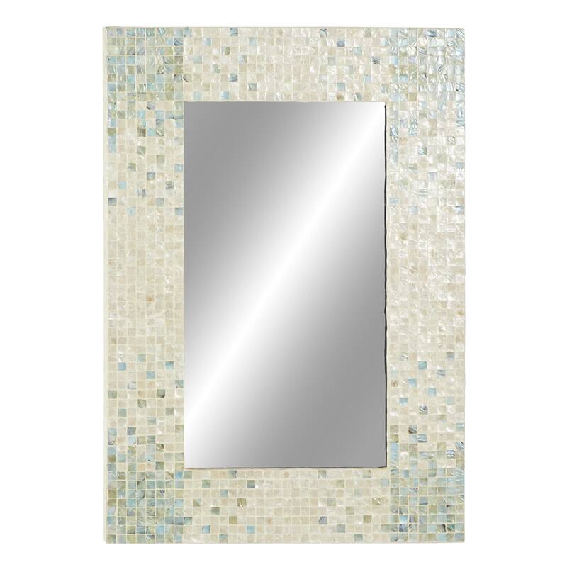 Cream Mother of Pearl Shell Handmade Mosaic Room Wall Mirror with Blue Corners