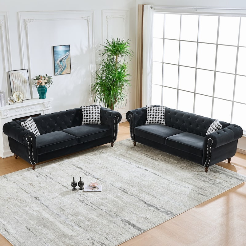 3+3 Seater Chesterfield Couch Set, Velvet Upholstered Deep Seat Sofa Set with Nailhead Trim, Rolled Arms and Tufted Back - Black