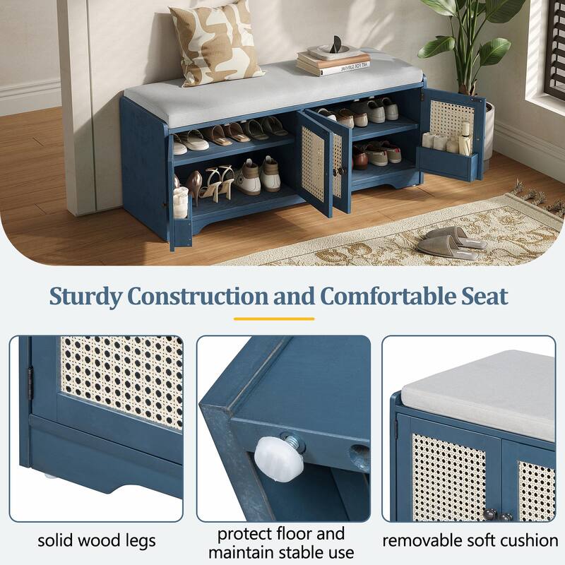 Rustic Storage Bench with Removable Cushion, Woven Rattan Doors & Adjustable Shelves