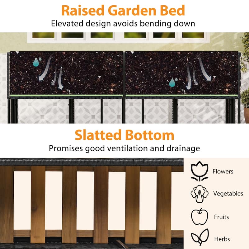 3-in-1 Raised Garden Bed Table Set with Chairs and Storage Rattan Patio Furniture Set - 59" × 27.5" × 29"
