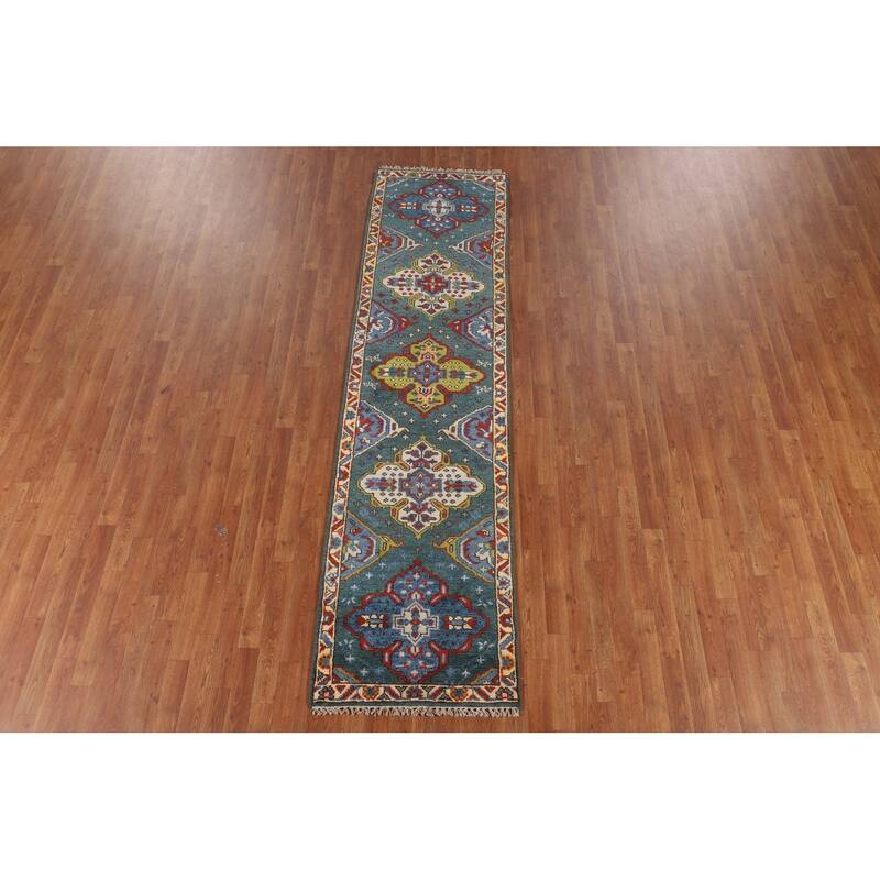 Green Geometric Kazak Oriental Runner Rug Hand-Knotted Wool Carpet - 2'6"x 9'10"